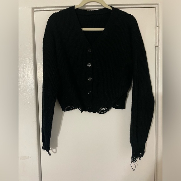 Black open cardigan cropped long sleeve distressed sweater size small - Picture 4 of 5